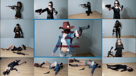 Gun fun and Cowgirl Wanda - 19 minutes long gun fun video.

21 death scenes in this long video.

5 head shots, many heart shots, belly shots, chest shots

2 heart attacks in this one. (one longer, one short)

There are fast kill, very fast kills, slow kills and very slow kills.